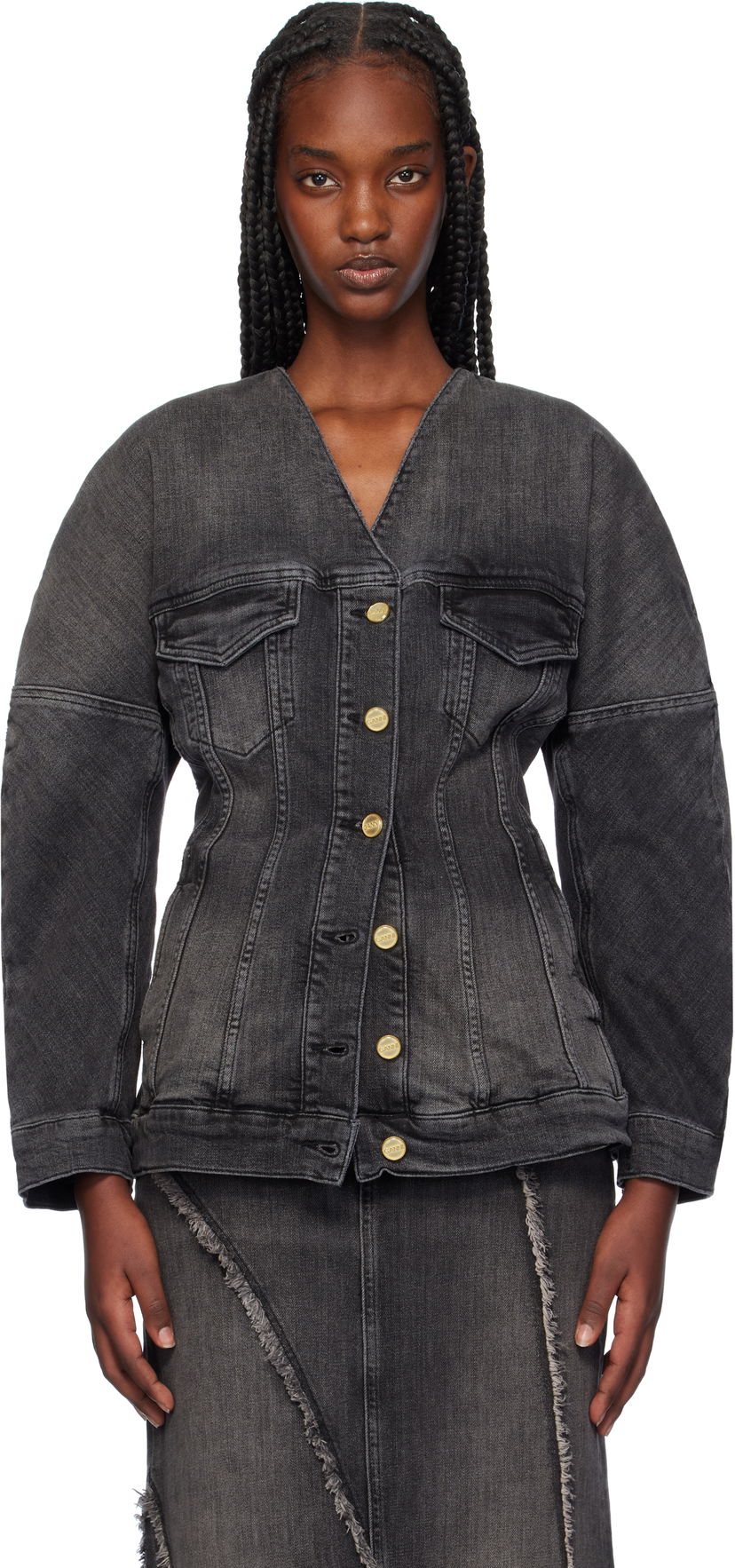 Jakna GANNI Fitted Denim Button Up Jacket Črna | J1529