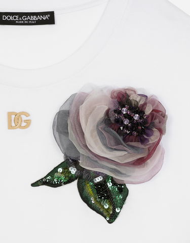 Majica Dolce & Gabbana Cropped Jersey T-shirt With Flower Appliqué Bela | F8U99ZGDCB1W0800, 3