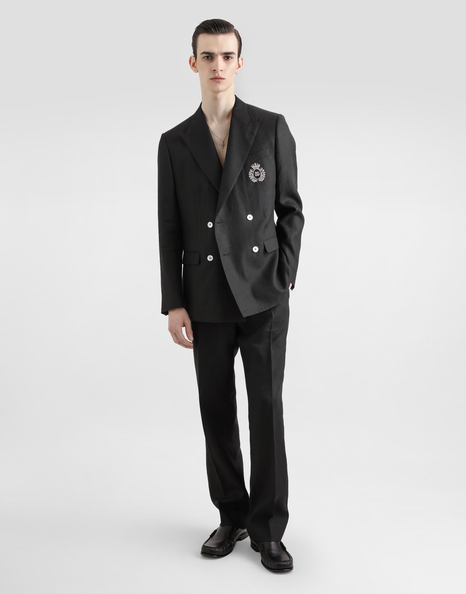 Jakna Dolce & Gabbana Dolce & Gabbana Double-breasted Linen Jacket with Patch Črna | G2TJ2ZFU4K6N0000, 1