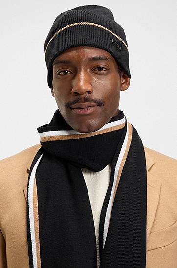 Beanie BOSS Hat and scarf gift set with stripe details Črna | 50551072, 1