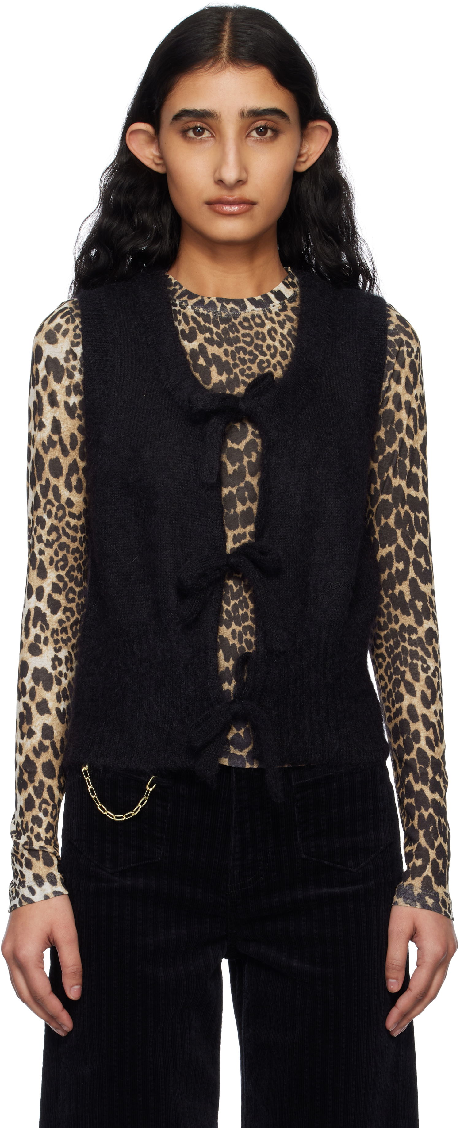 Pleteni pulover GANNI Ganni Tie-Front Knit Vest Črna | K2514, 0