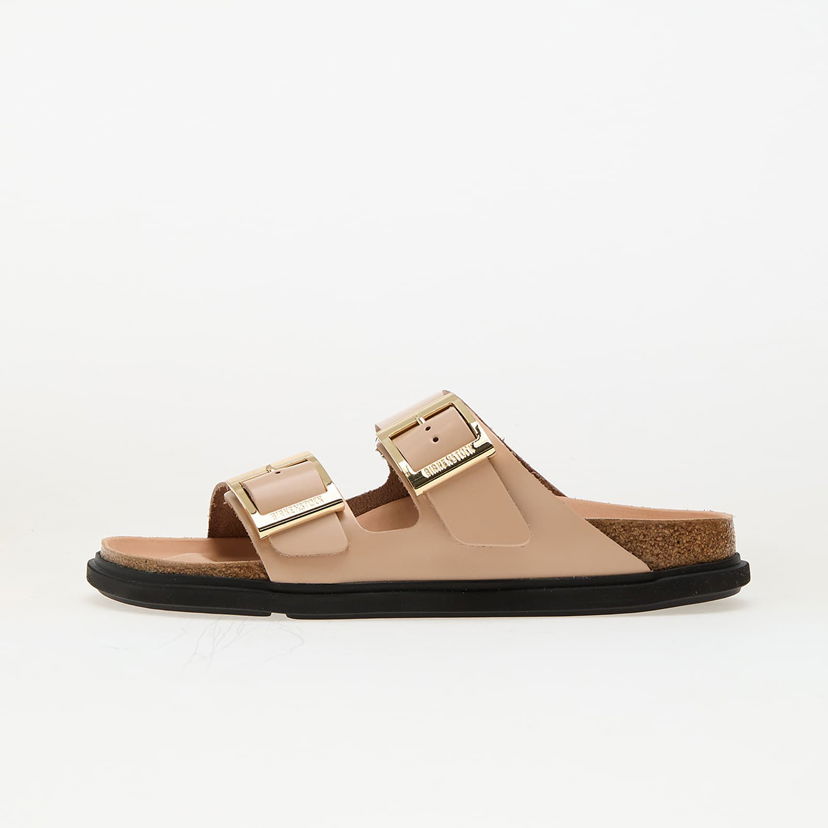 Superge in čevlji Birkenstock Birkenstock Arizona Droplet Buckle Leather Patent High-Shine Sandals Bež | 1029386