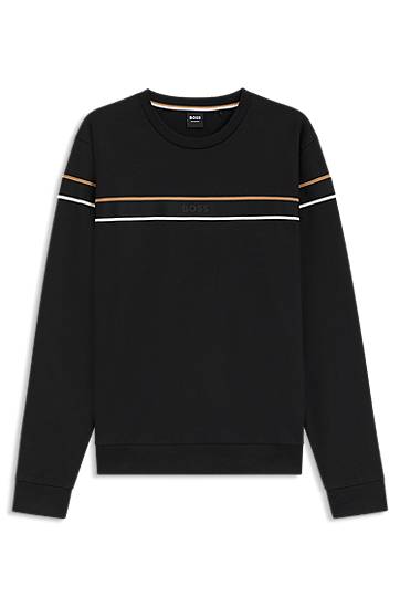 Pulover BOSS BOSS Cotton-terry Sweatshirt with Signature Stripe Črna | 50545589