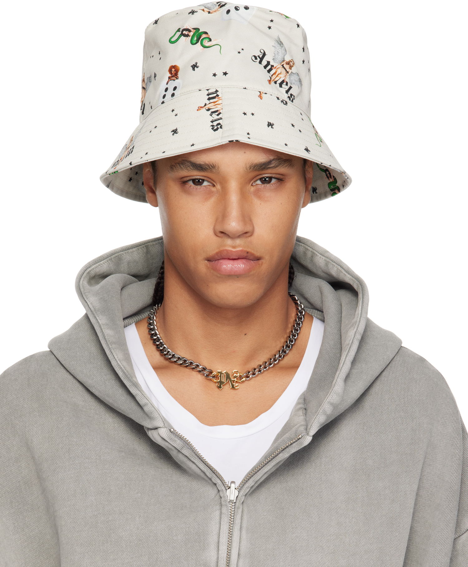 Klobuk Palm Angels Palm Angels Pin Up All Over Print Bucket Hat Bež | PMLA039S25FAB0040B84, 0
