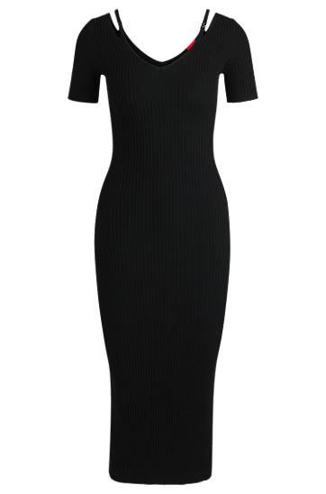 Obleke BOSS Ribbed-Knit Bodycon Midi Dress with Cutout Details Črna | 50538239