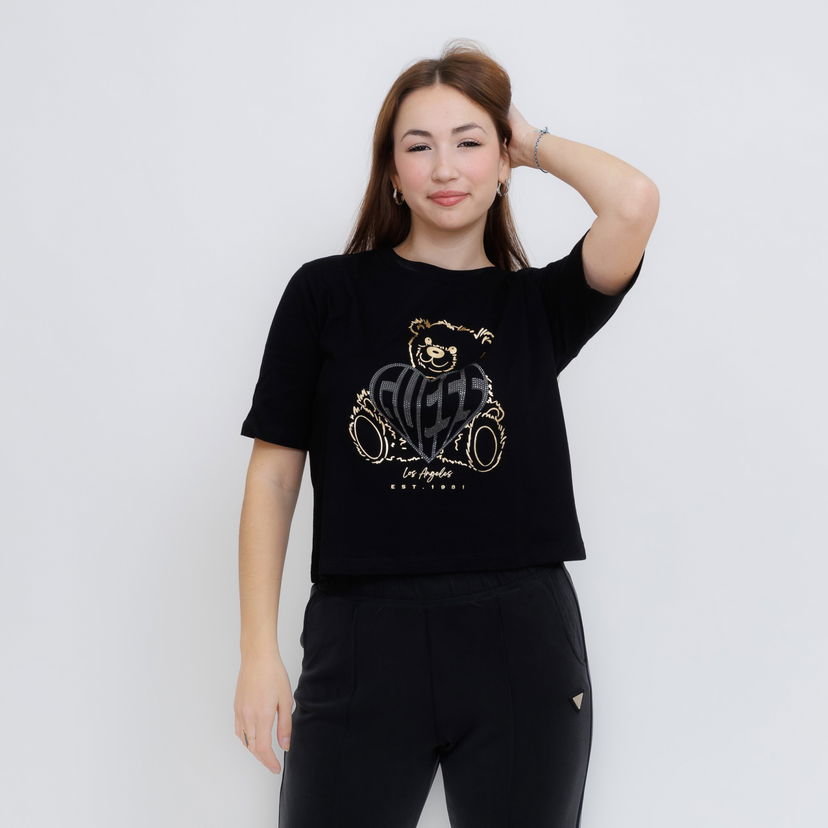 Krop-top GUESS Guess Rhinestone Bear Boxy T-Shirt Črna | V5RI09I3Z14-JBLK