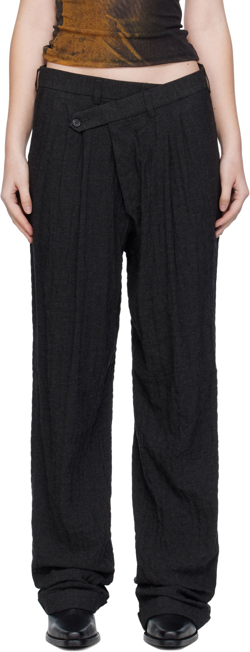 Hlače R13 R13 Tripe Pleat Crossover Trousers Črna | R13W7516-R580A
