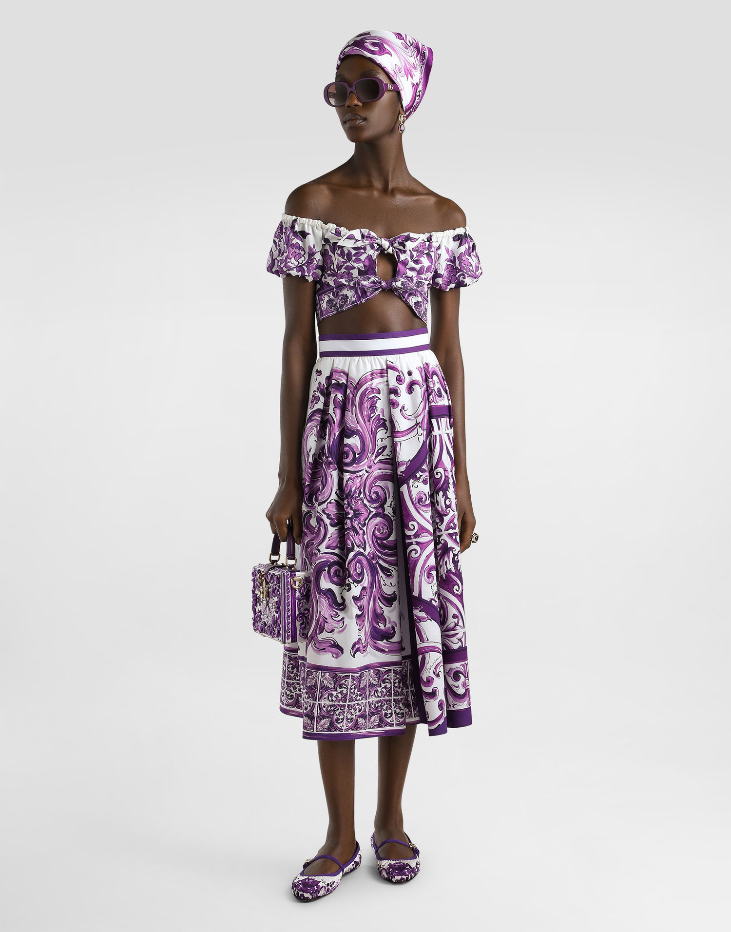 Krop-top Dolce & Gabbana Dolce & Gabbana Majolica-Print Poplin Off-Shoulder Tie-Front Top Lila | F7AV0THH5EPI13TN, 1