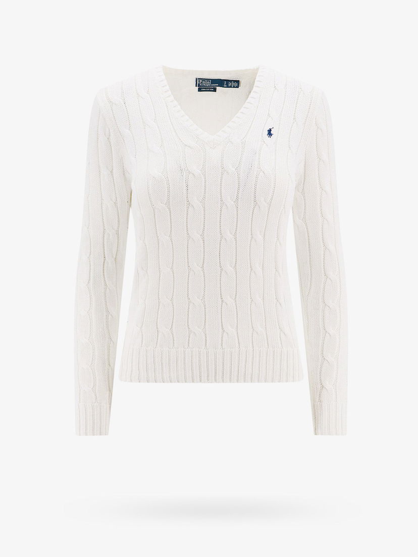 Pleteni pulover Polo by Ralph Lauren White Cable Knit V-Neck Sweater Bela | 211891641001