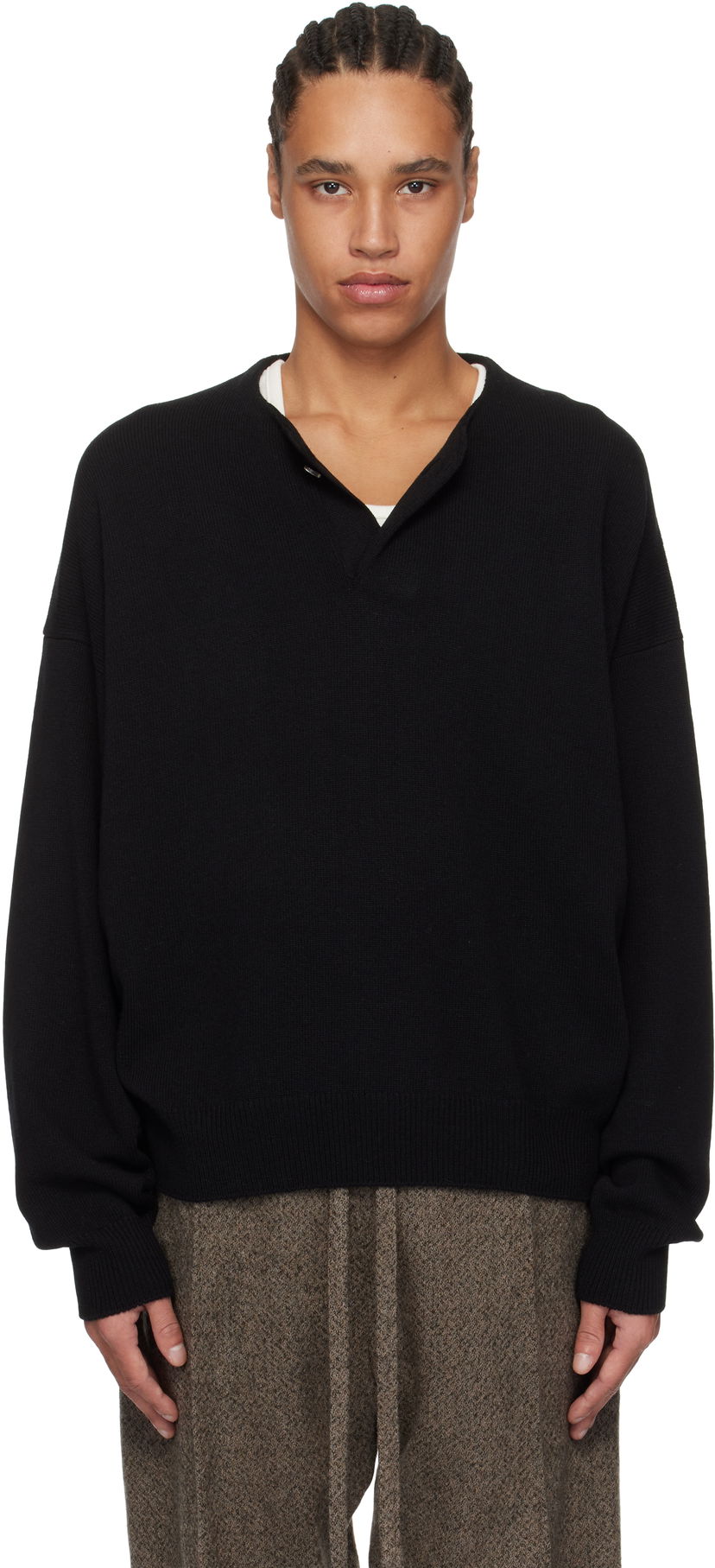 Pleteni pulover Fear of God Fear of God Fine Knit Henley Črna | FGE220-2041LAW