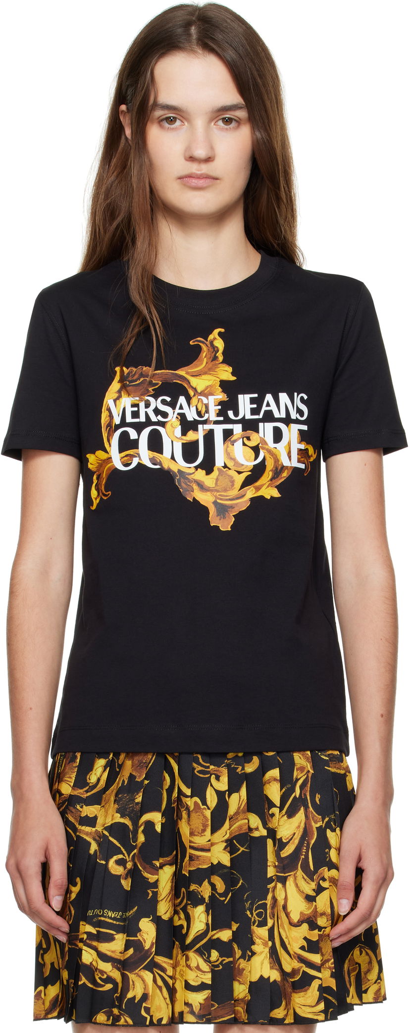 Majica Versace Versace Jeans Couture Cotton Jersey T-shirt with Baroque Print Črna | E79HAHE06_ECJ00E
