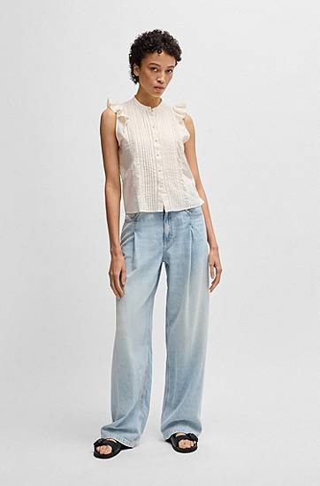 Srajce BOSS Pleat-Front Cotton Muslin Blouse, Regular Fit Bela | 50540421, 1