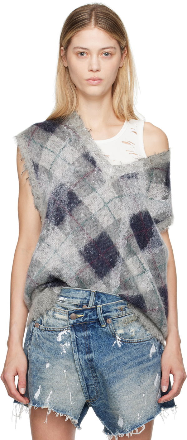 Pleteni pulover R13 R13 Oversized Argyle Vest Siva | R13WY244-Y058B