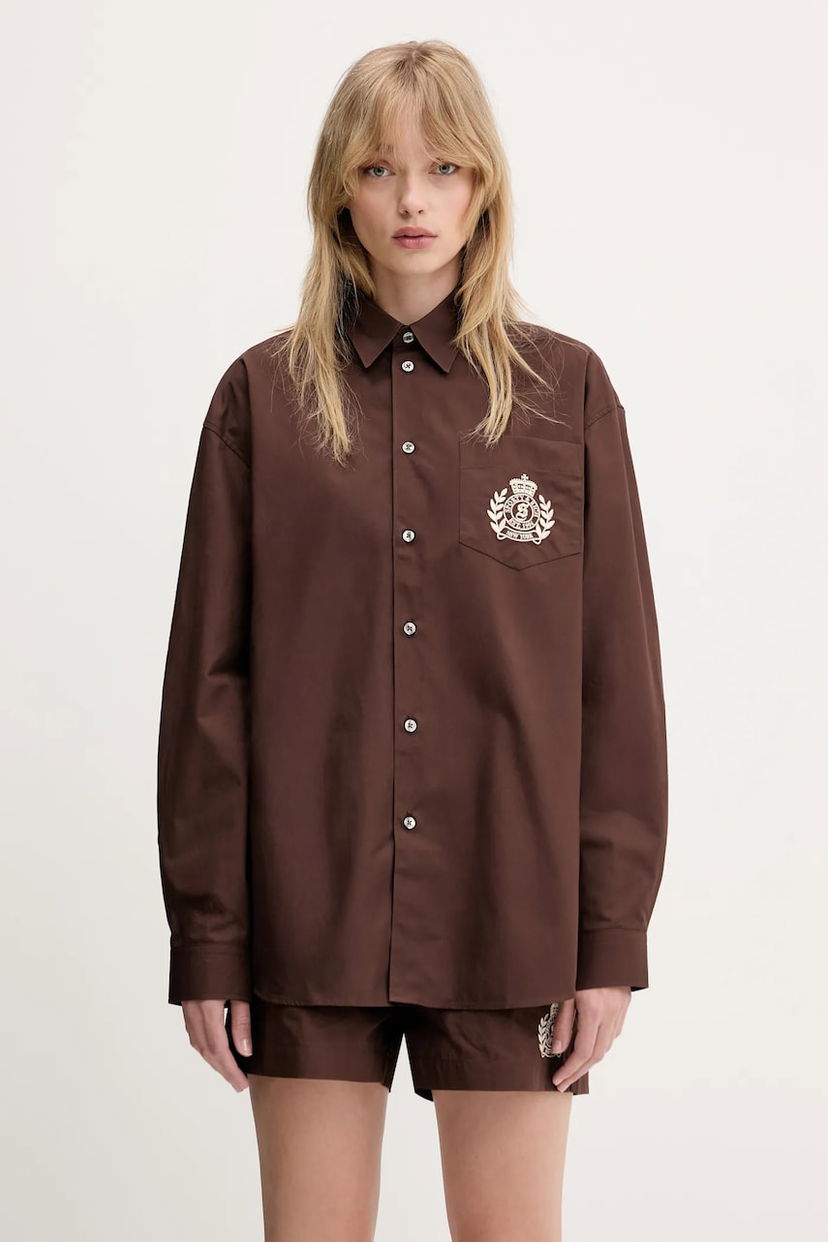 Srajce Sporty & Rich Sporty & Rich H&W Crest Oversized Relaxed Fit Shirt Rjava | SI006612241BR03