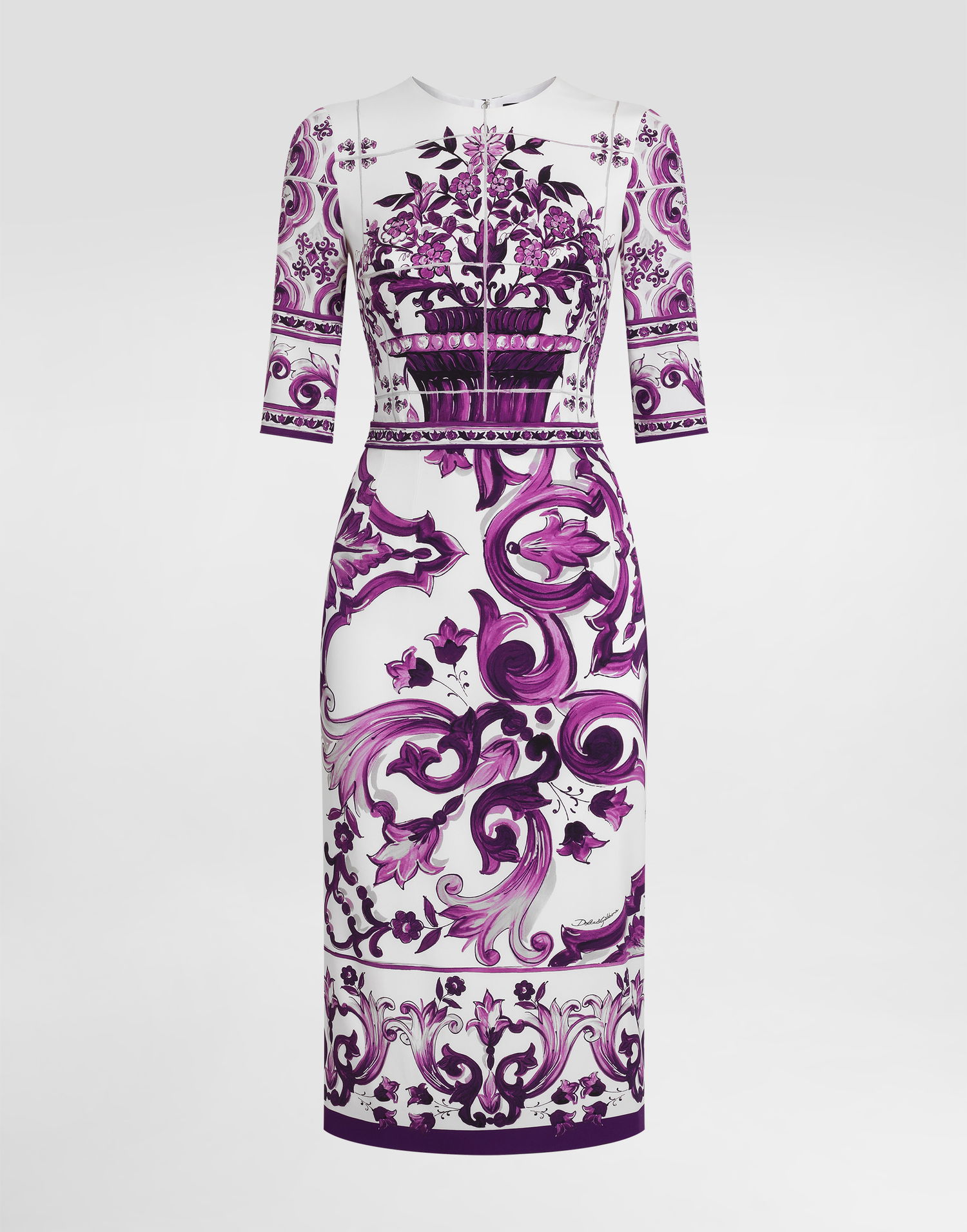 Obleke Dolce & Gabbana Dolce & Gabbana Majolica Print Charmeuse Midi Dress Lila | F6EAJTHPAELIP3TN, 0