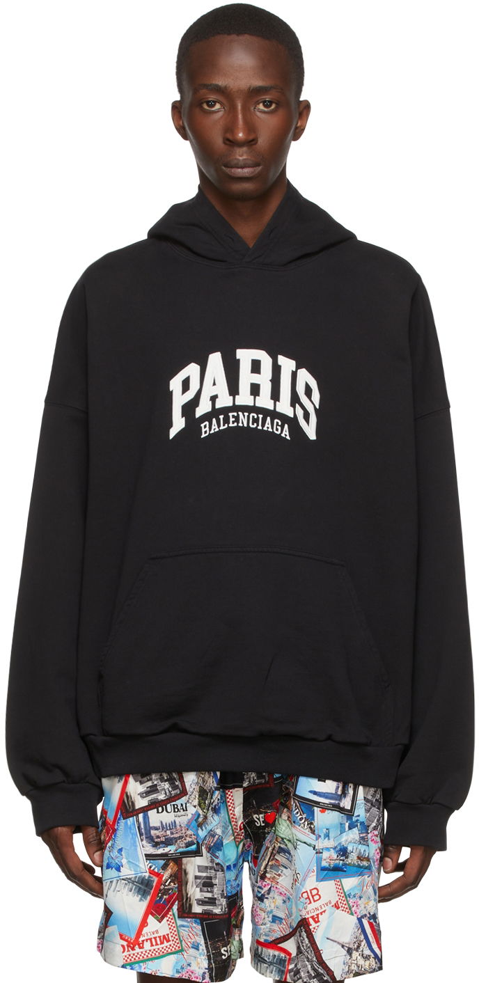 Pulover Balenciaga Paris Logo Cotton Hoodie Črna | 674986-TLVL8-1070