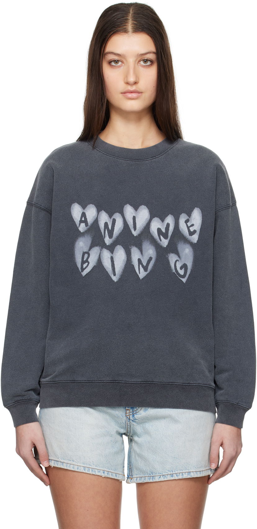 Pulover Anine Bing ANINE BING Spencer Hearts Sweatshirt Siva | A-08-10517-WBL1