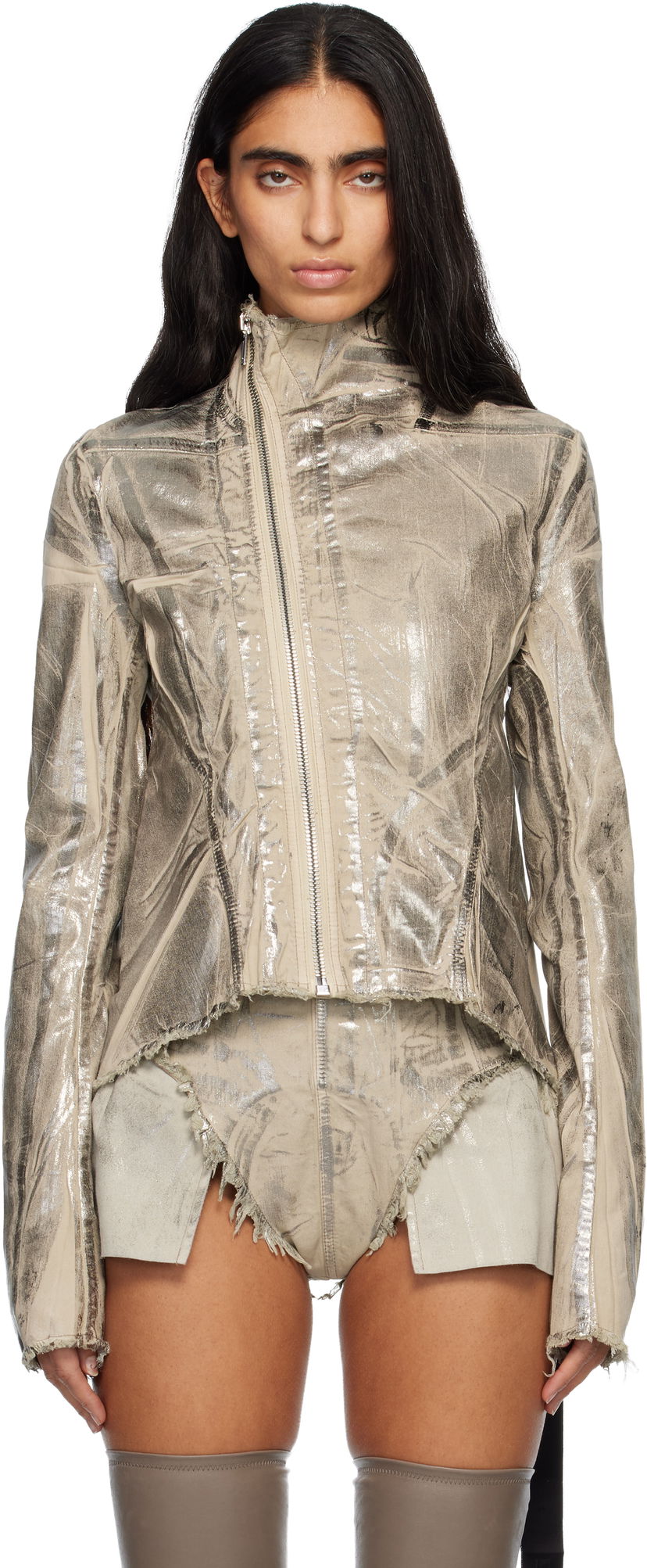 Jakna Rick Owens Concordians Naska Gary Metallic Crinkled Denim Jacket Kovinski | DS02E7703 SDPF