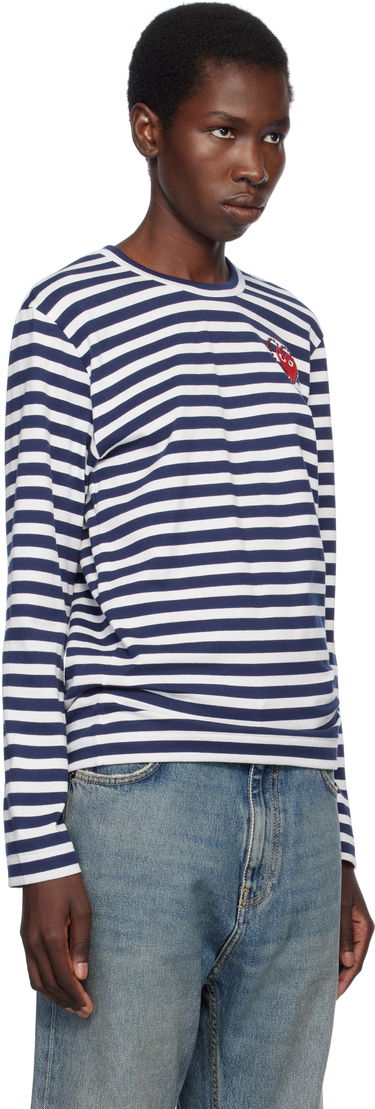 Pleteni pulover Comme des Garçons COMME des GARÇONS PLAY Striped Long Sleeve T-Shirt with Red Heart Emblem Mornarica | AX-T806-051, 1
