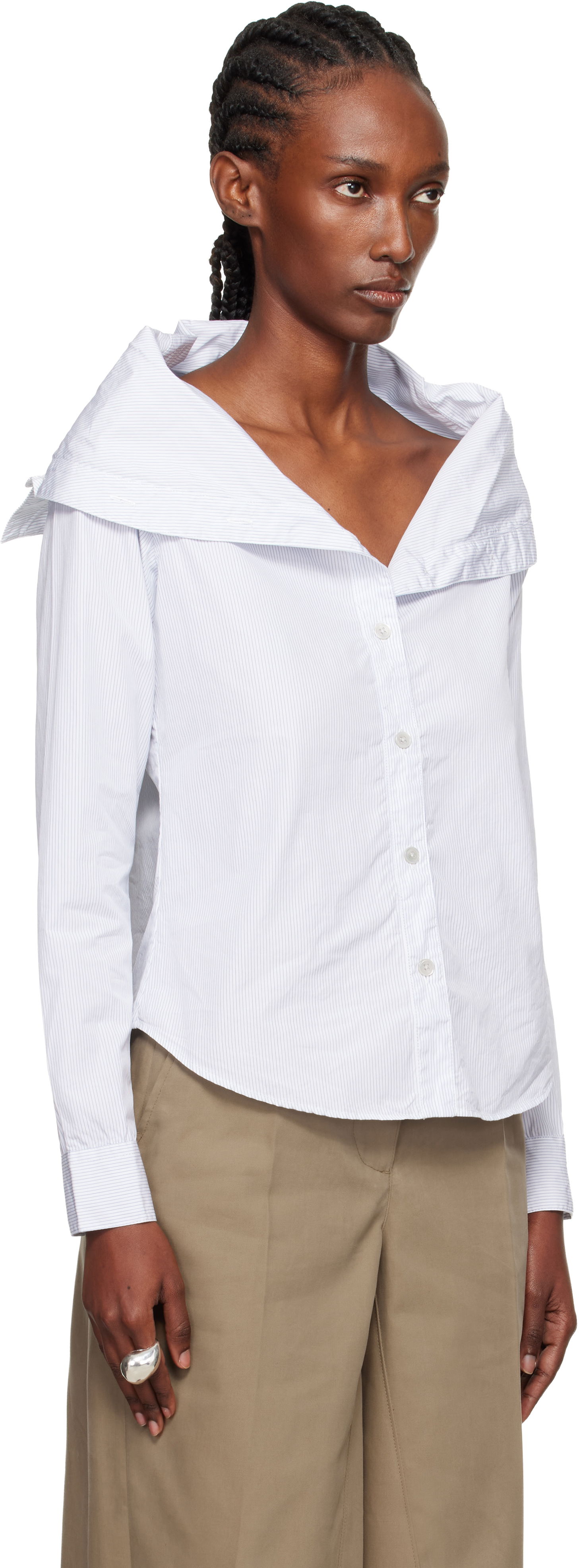 Srajce OUR LEGACY Kaonashi Pinstriped Long-Sleeve Off-Shoulder Button-Up Shirt Bela | W4252KD, 1