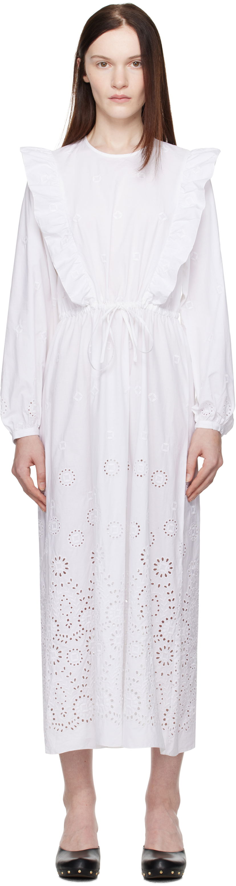 Obleke A.P.C. A.P.C. Ginger Eyelet Ruffle Midi Dress Bela | COHFF-F35154