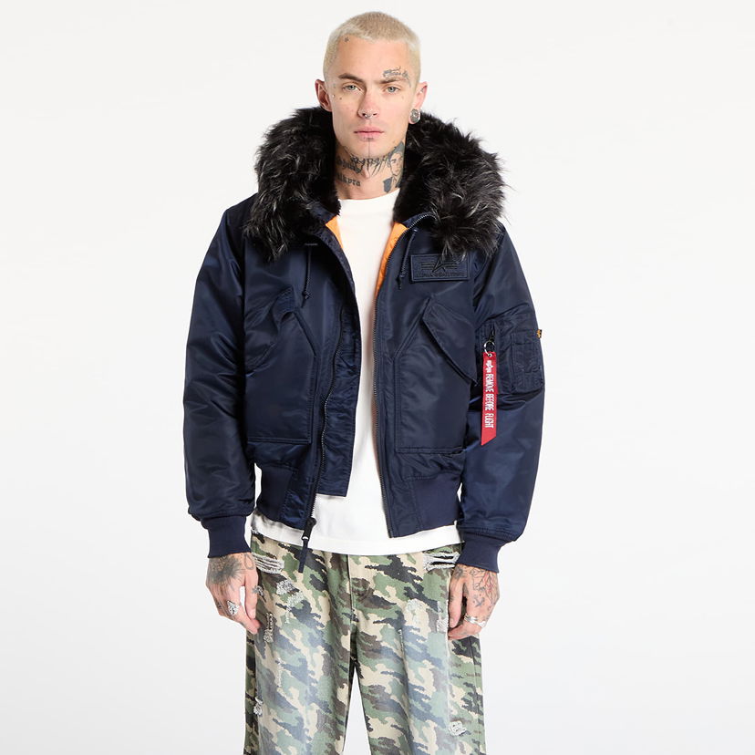 Bomber jakna Alpha Industries Hooded Custom Ultra Bomber Jacket with Faux Fur Trim and Orange Lining Mornarica | 113145-697