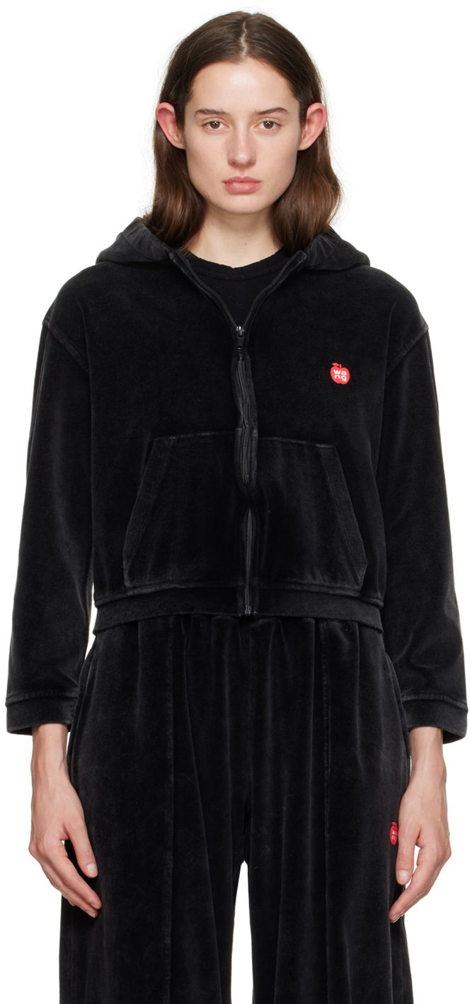 Pulover Alexander Wang Shrunken Velour Zip Hoodie Črna | 4CC1242075