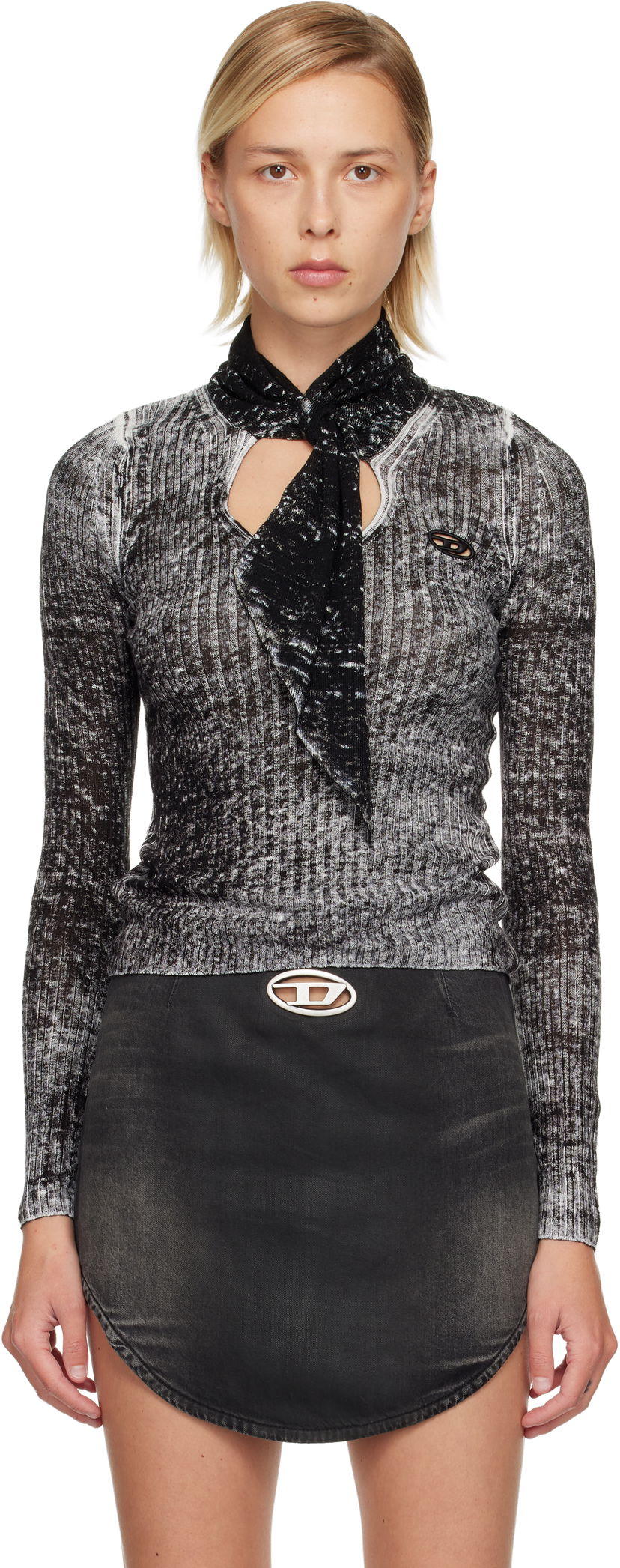 Pleteni pulover Diesel M-Elan Distressed Rib Knit Scarf-Neck Sweater Črna | A18866 0BJBR