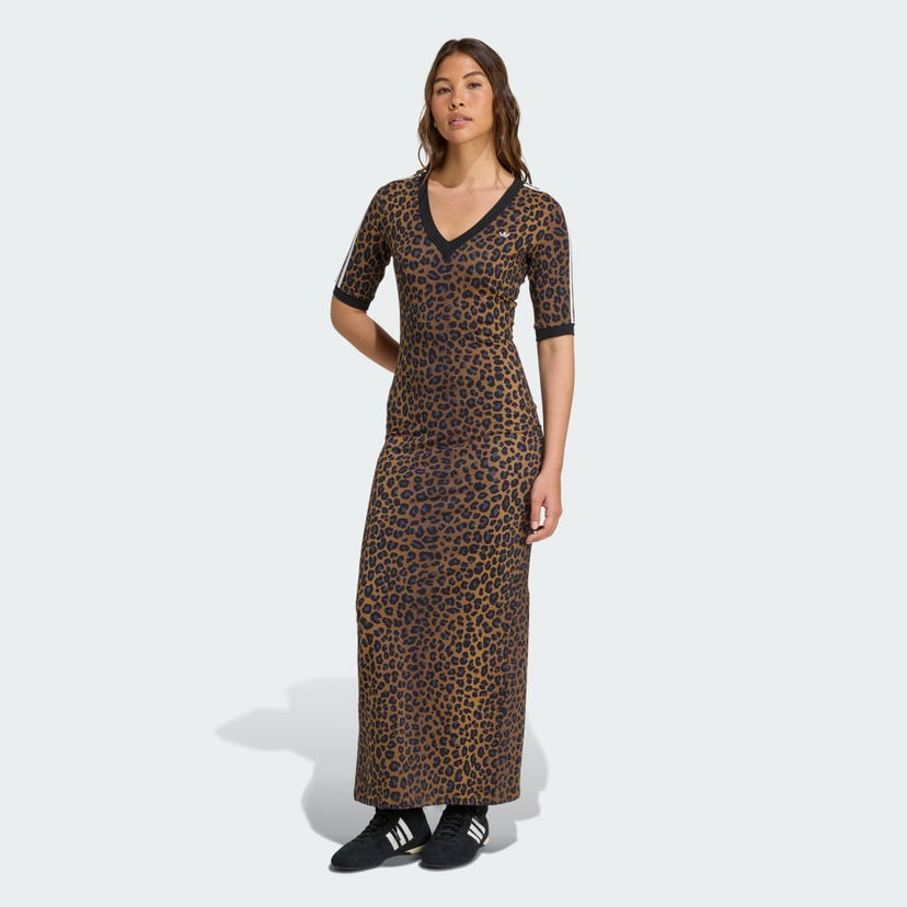 Obleke adidas Performance Leopard Print Maxi Dress with V-Neck Rjava | JW2773