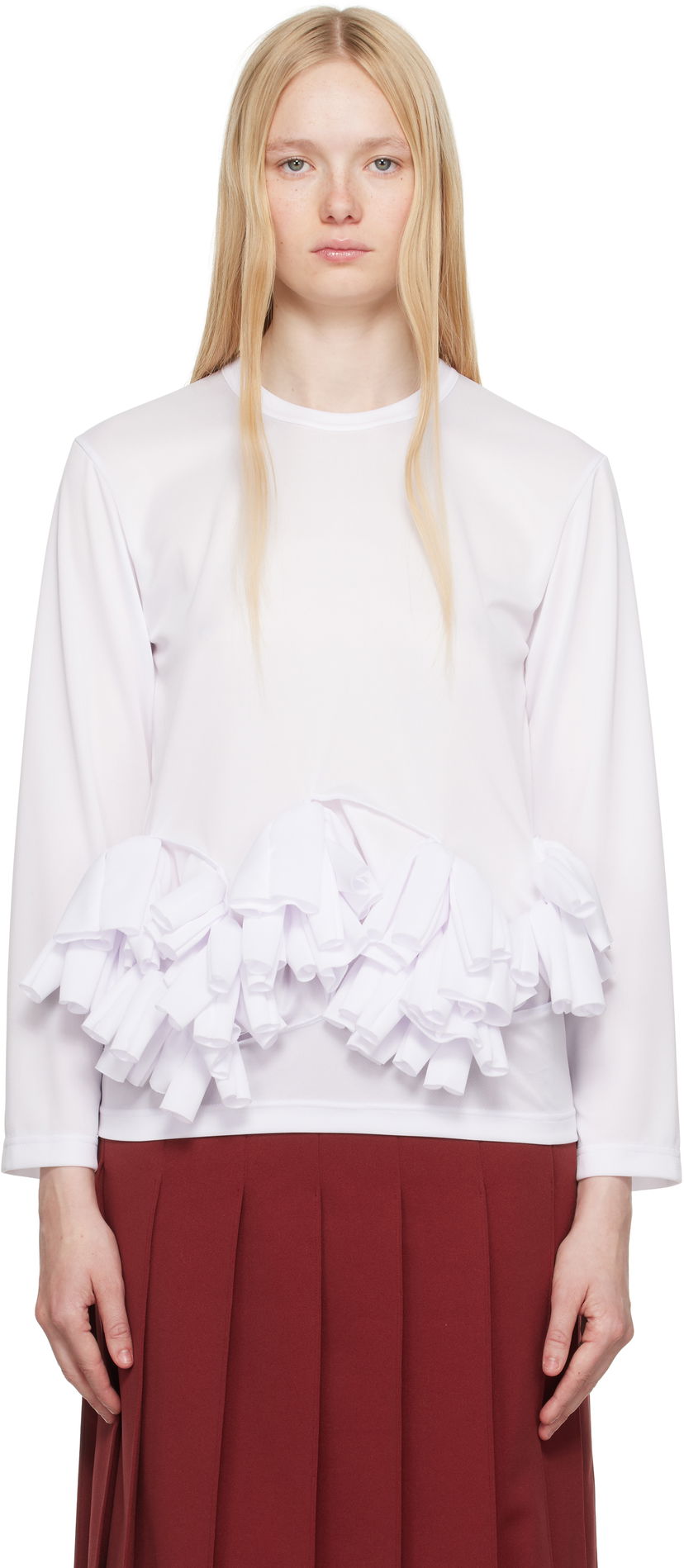 Majica Comme des Garçons Comme des Garçons Ruffle Detail Long Sleeve T-Shirt Bela | RO-T002-S25