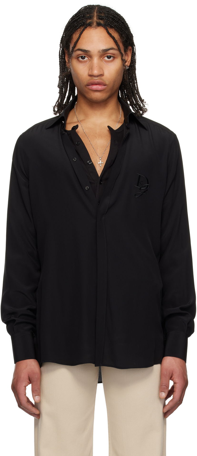 Srajce Dolce & Gabbana Dolce&Gabbana Silk Logo Embroidered Shirt Črna | G5MO1ZFU1UQ