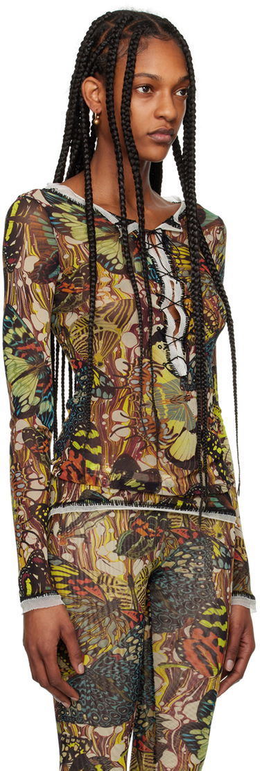 Bodi Jean Paul Gaultier Butterfly Print Lace-Up Long Sleeve Top Večbarvna | 24/25-F-TO133-T545-1090, 1