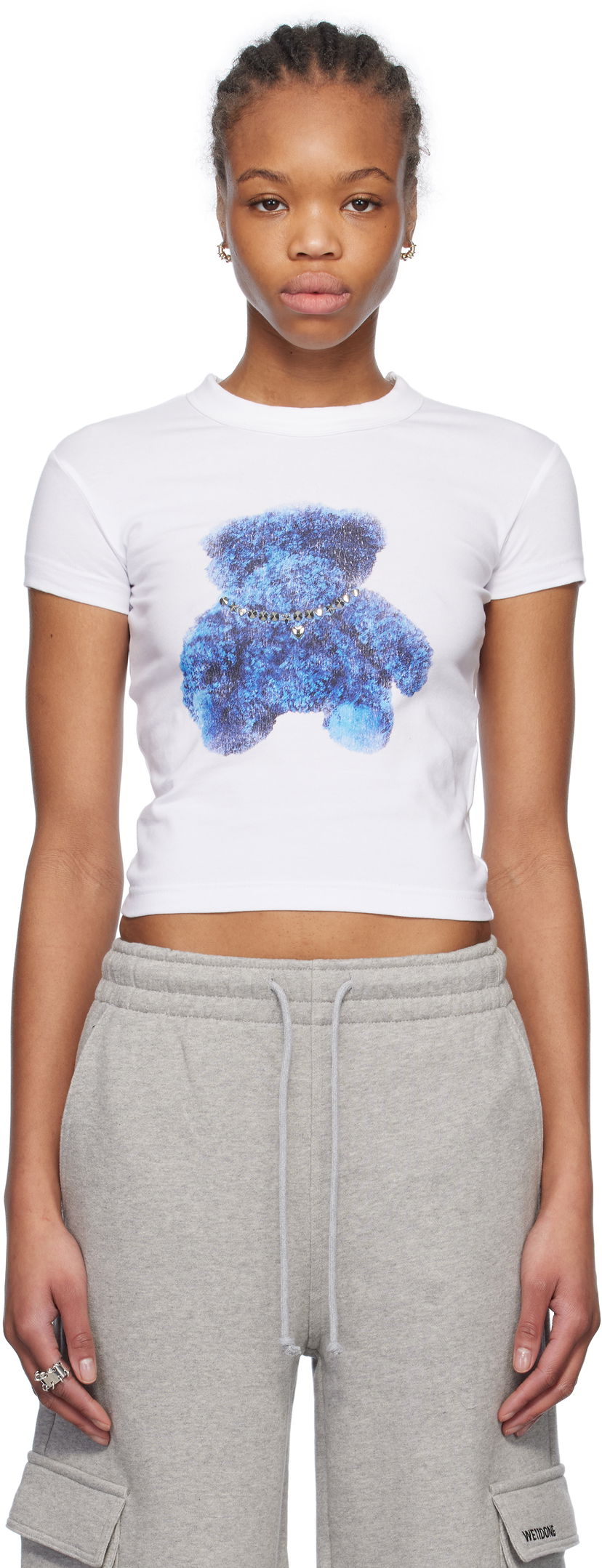 Krop-top We11done We11done Studded Bear Cropped T-Shirt Bela | WD-TT0-25-754-W-WH