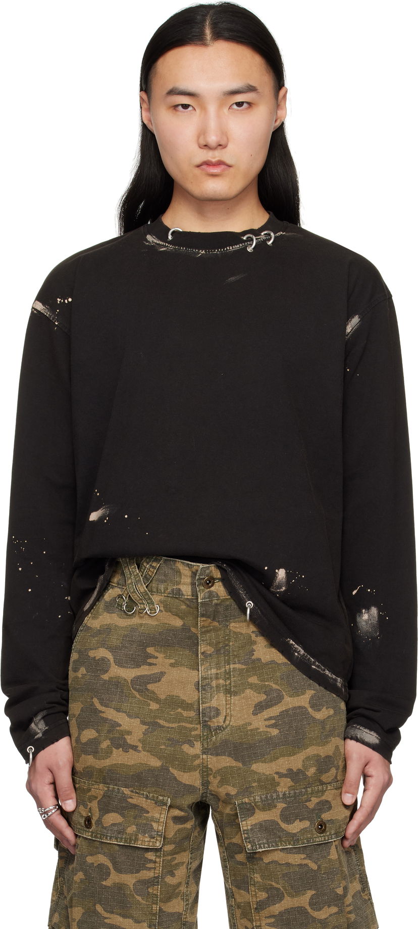 Pulover We11done We11done Pierced Long Sleeve T-Shirt Črna | WD-TT0-25-771-U-BK