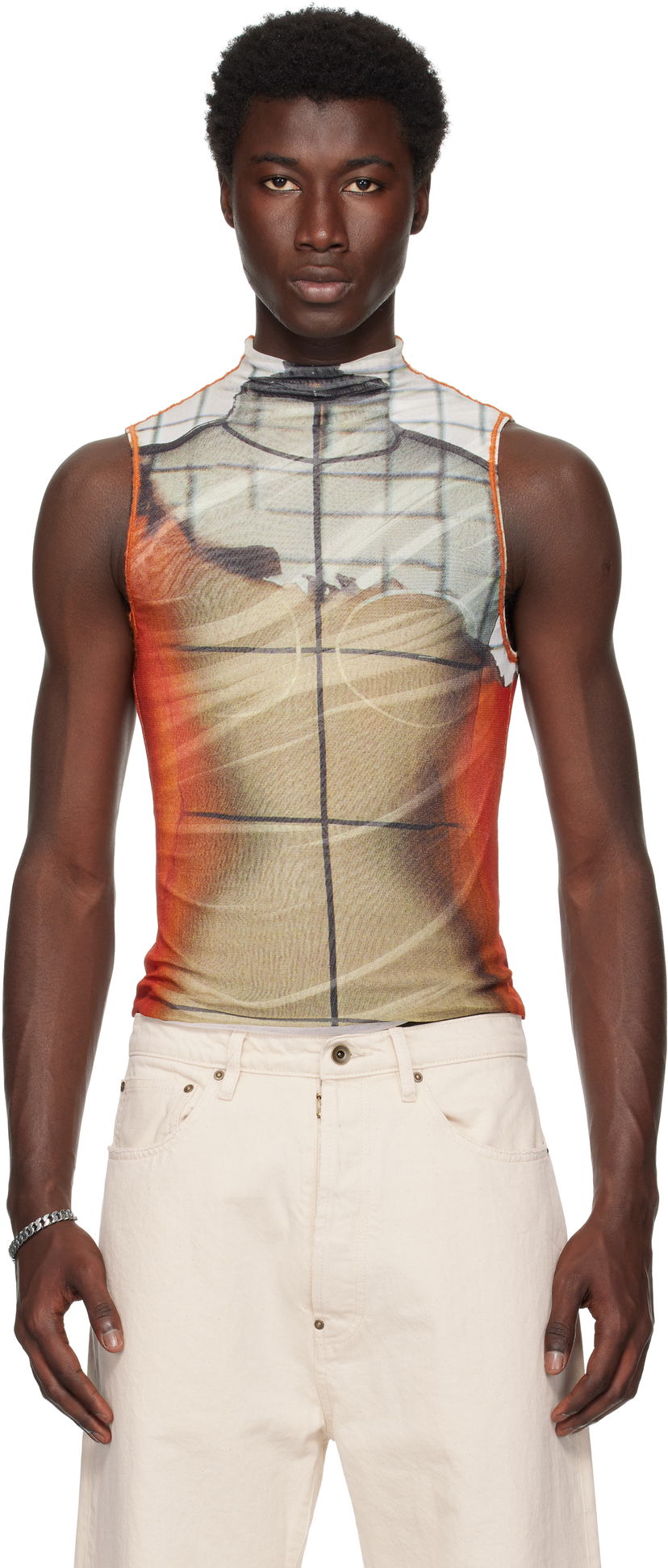 Majica brez rokavov Jean Paul Gaultier Jean Paul Gaultier 'The Fire' Printed Mesh Tank Top Oranžna | 25/03-W-TO307-M003P-150100