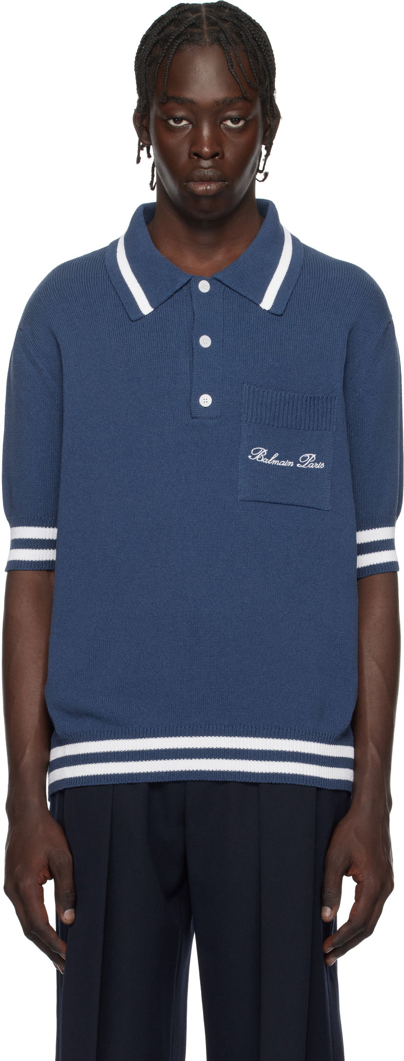 Polo majica Balmain Cotton-Blend Knit Polo Shirt Modra | EH1GB046KF96