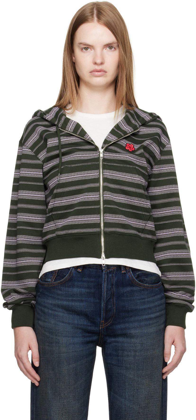 Pulover KENZO Kenzo Paris 'Boke Flower' Striped Cropped Hoodie Zelena | FF62HO1504MS