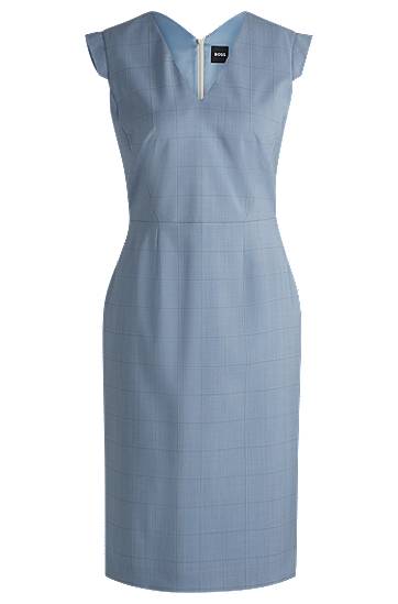 Obleke BOSS Virgin Wool Check Bodycon Dress Modra | 50535259