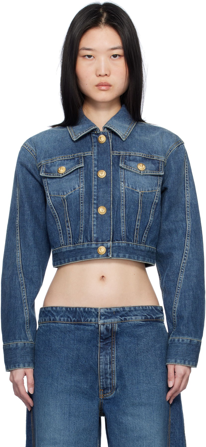 Jakna Balmain Cropped Faded Denim Jacket Modra | EF1TC180DF65