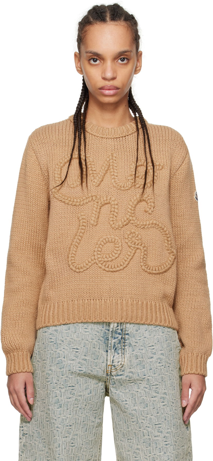 Pleteni pulover Moncler Moncler Embroidered Logo Cotton Sweater Rjava | K10939C00004M5206