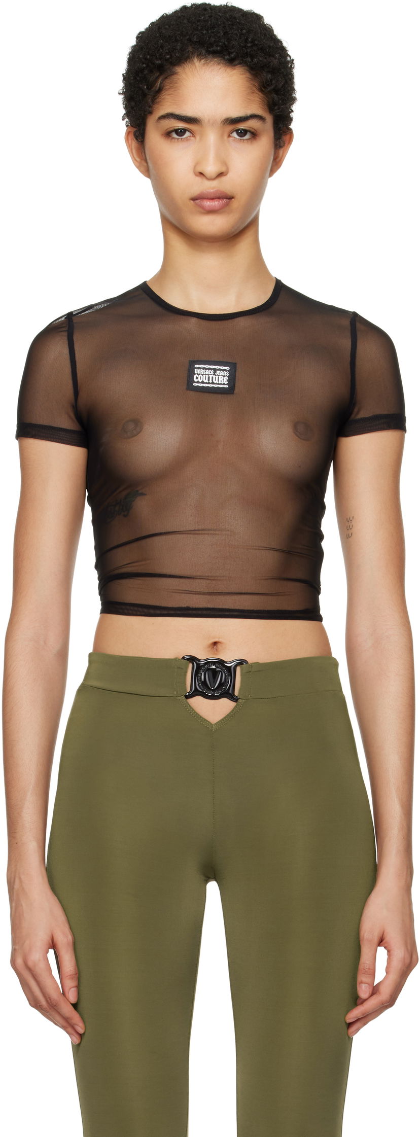 Krop-top Versace Mesh Crop T-Shirt Črna | E77HAH6A2_EJ0035