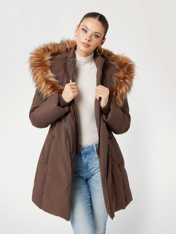 Parka GUESS Faux Fur Hood Puffer Jacket Rjava | W4BL59WG7X2