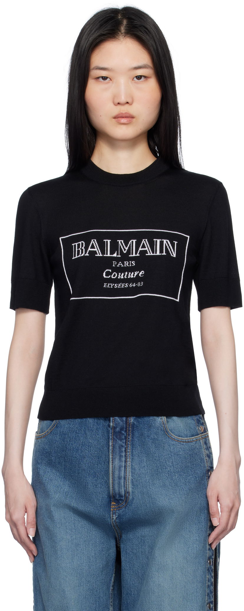 Majica Balmain 'Couture' Knit T-shirt Črna | EF1KA115KH87