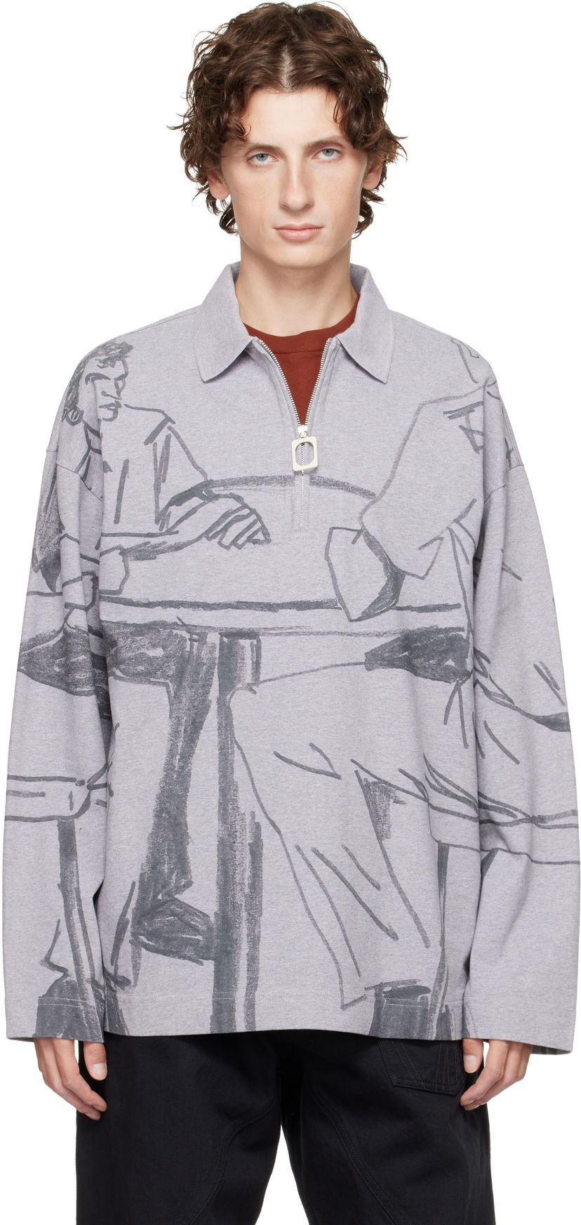 Polo majica JW Anderson JW Anderson Figure Print Long-Sleeve Quarter-Zip Polo Siva | JO0274-PG1755