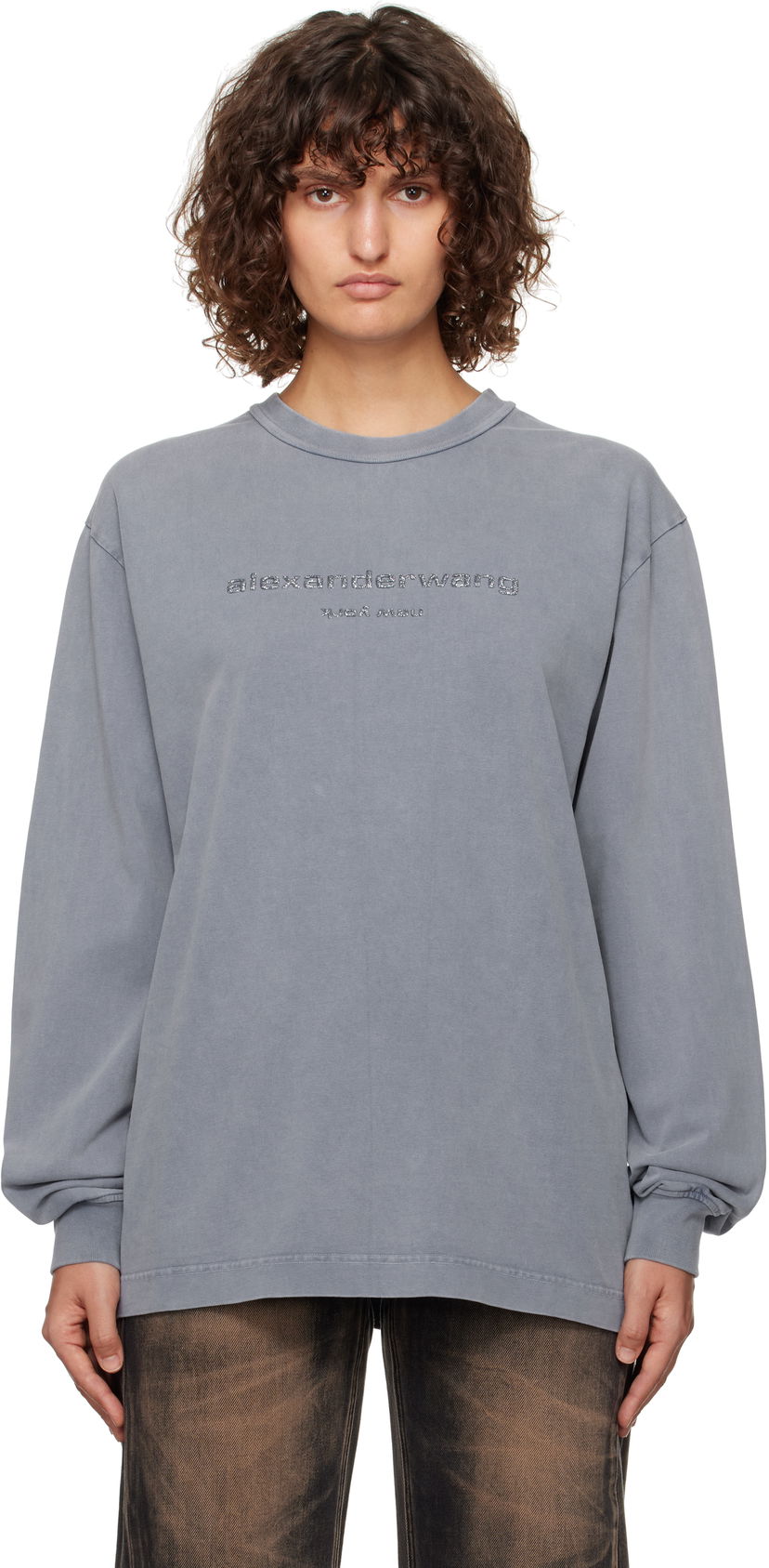 Majica Alexander Wang Glitter Puff Logo Long-Sleeve Modra | UCC4241745