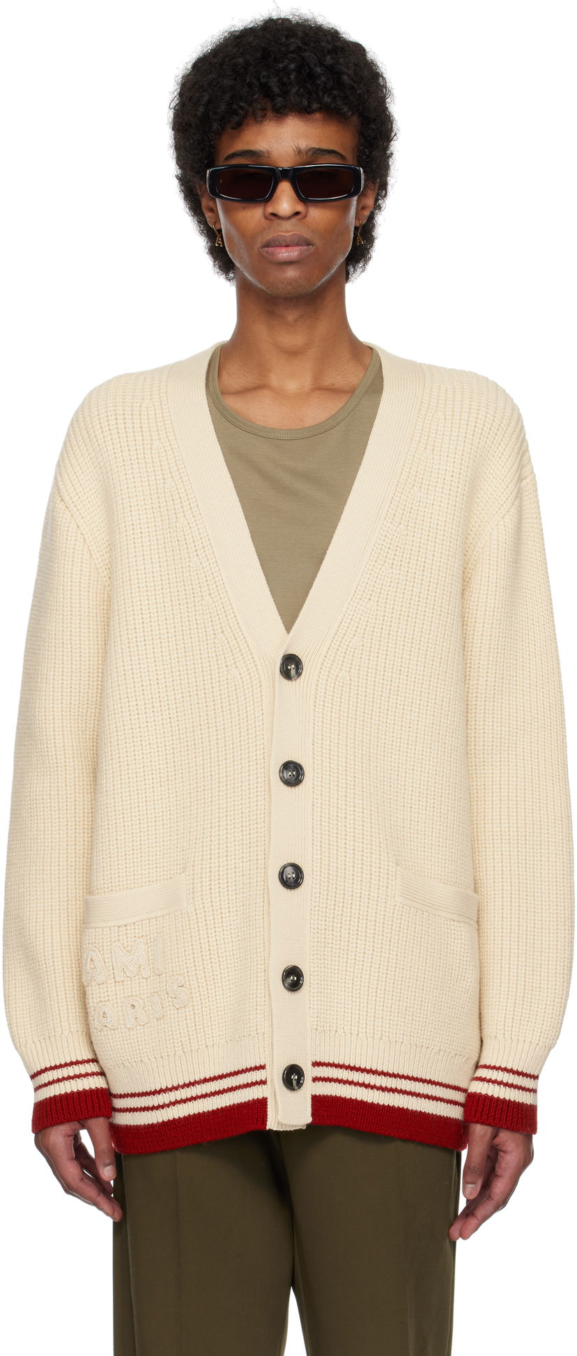 Pleteni pulover AMI AMI Paris Wool Ribbed Cardigan Bež | UKC168.KN0068