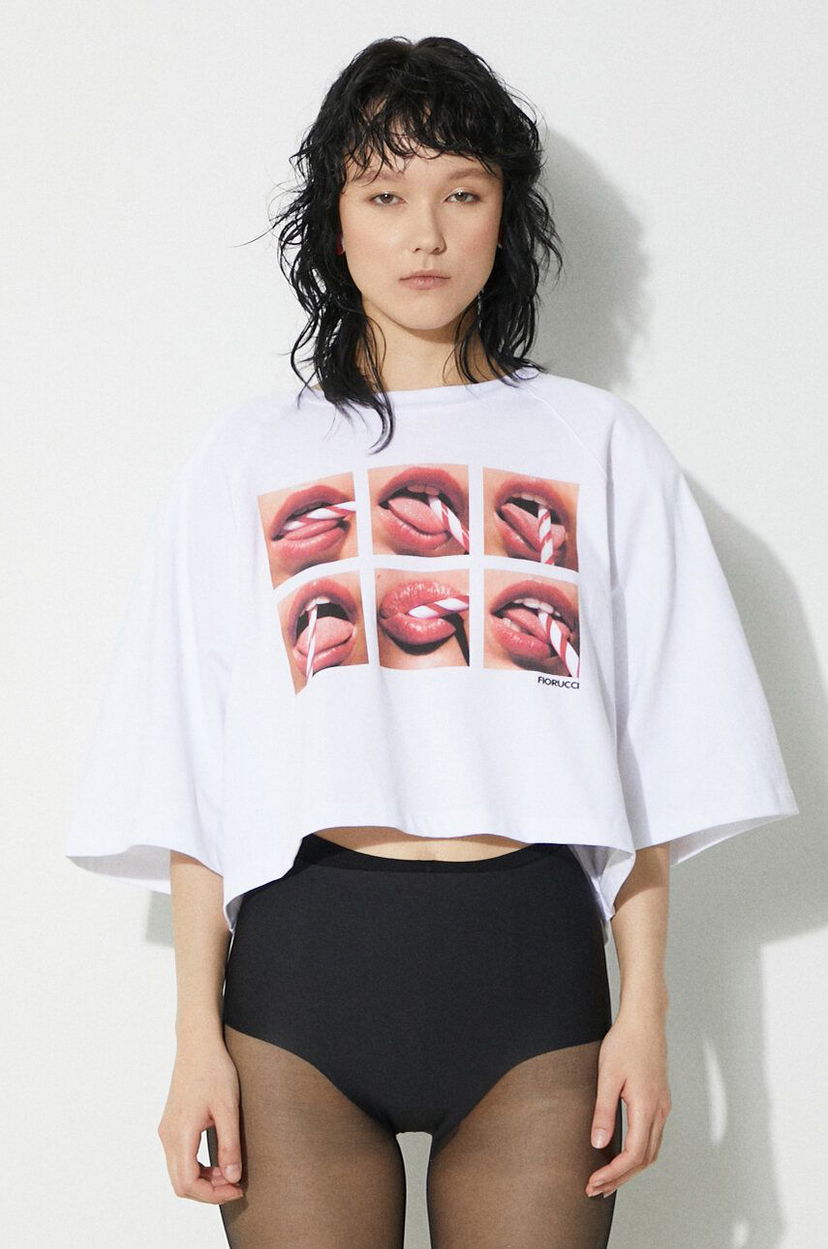 Krop-top Fiorucci Fiorucci Mouth Print Cropped T-Shirt Bela | U01FPTSH106CJ01WH01