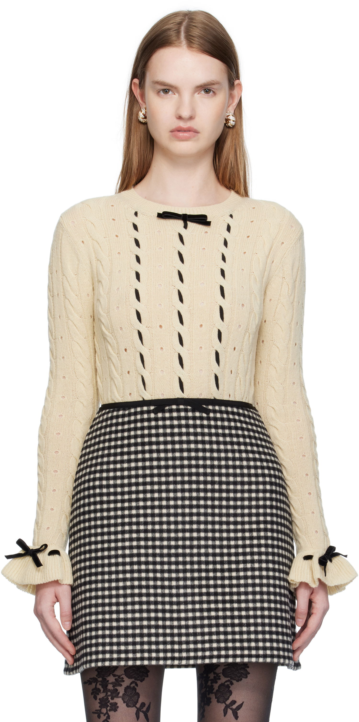 Pleteni pulover Valentino Valentino Virgin Wool Sweater with Bows Bež | 7B3KC66Z9K9, 0