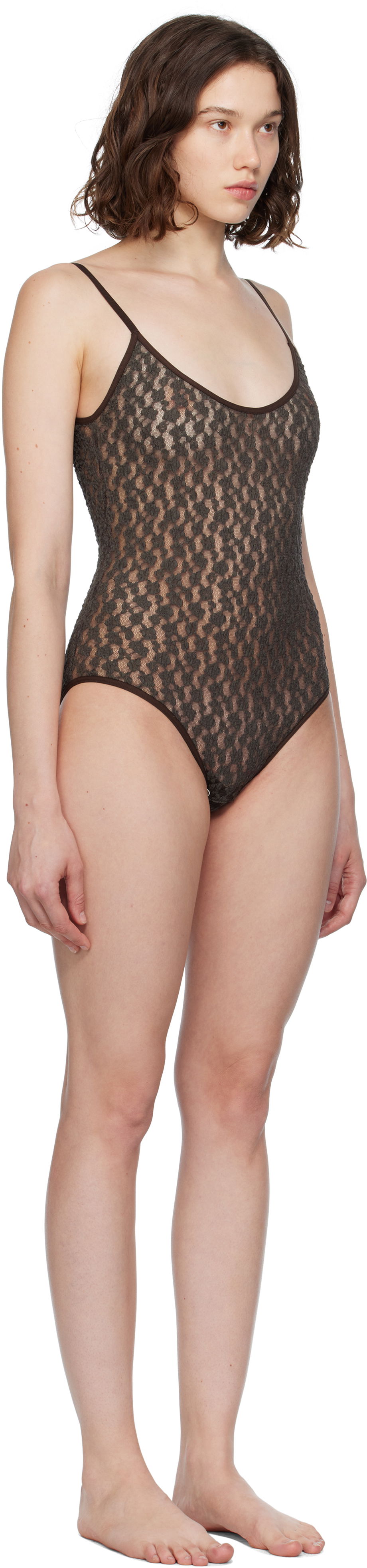 Bodi Baserange Baserange Musial Semi-Sheer Bodysuit Rjava | ONMU-LA-SU25, 1