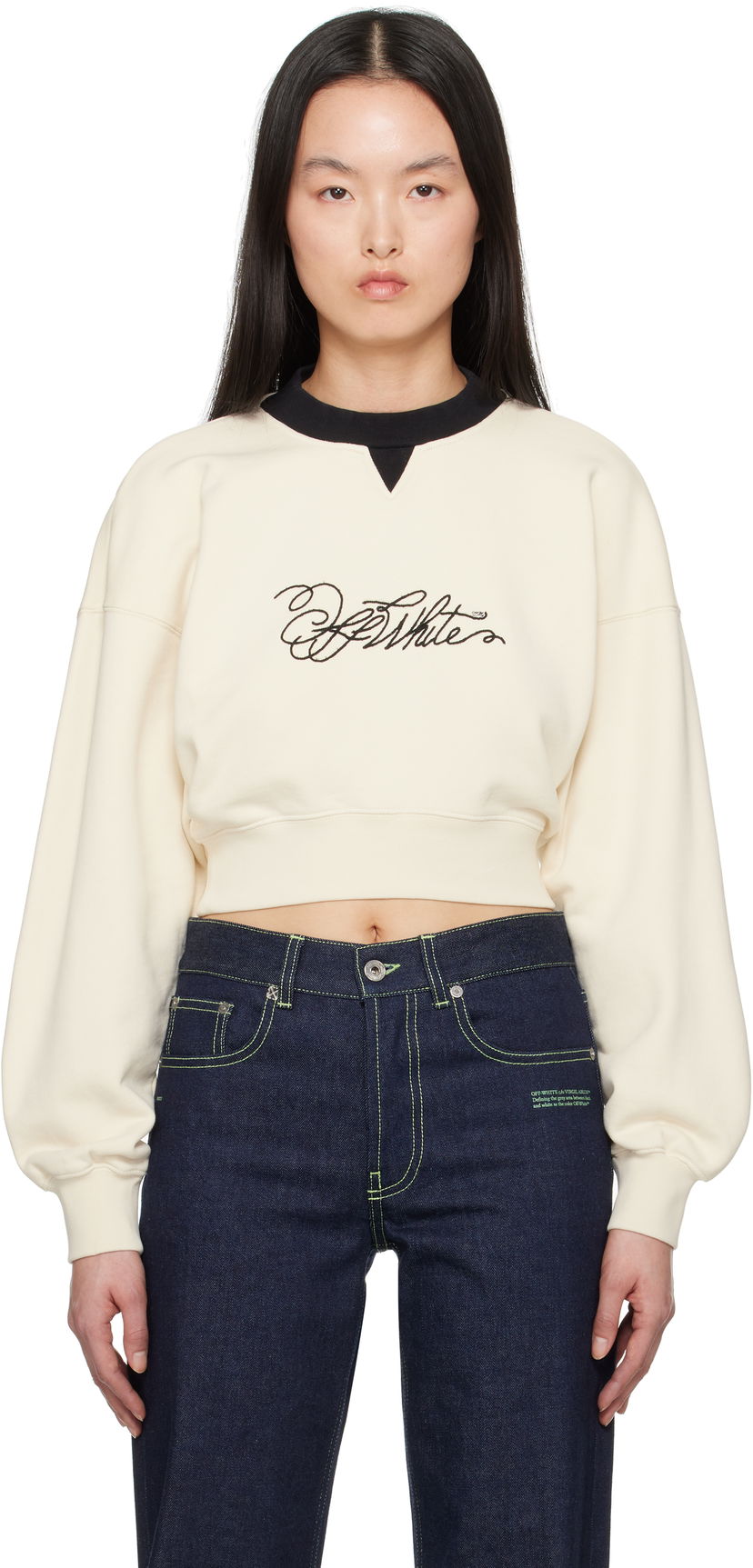 Pulover Off-White Off-White Script Crop Sweatshirt Bež | OWBA07AS25FLE0010B10